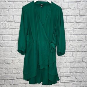 Torrid Womens Wrap Blouse Size 3 22/24 Emerald Green Flowy 3/4 Sleeve Tie Belt